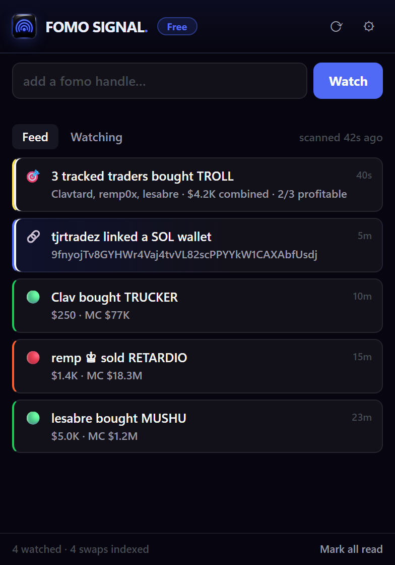 The fomo signal popup showing a live alert feed
